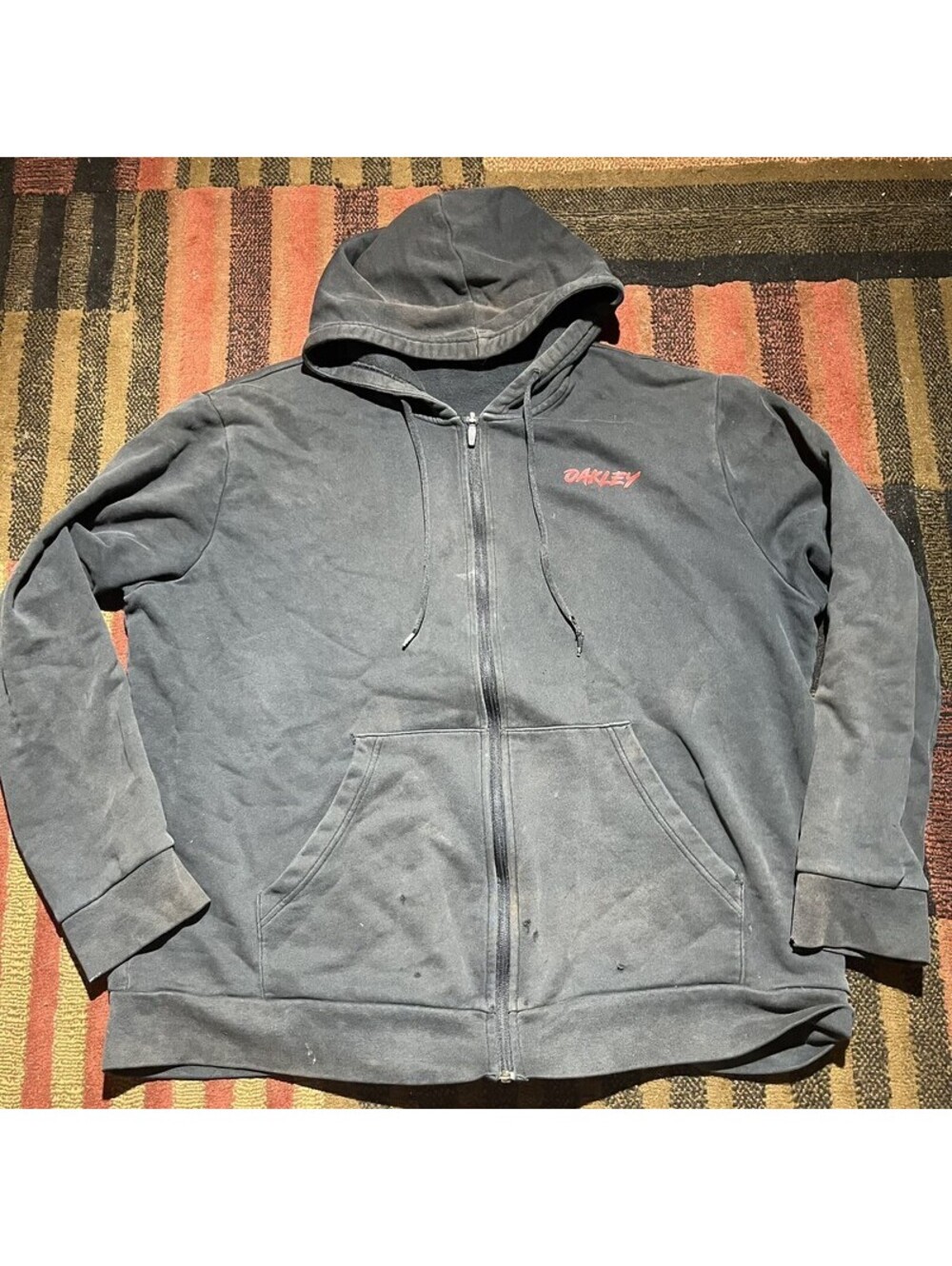 Oakley Full Zip Hoodie Mens XXL Charcoal Red Logo Distressed